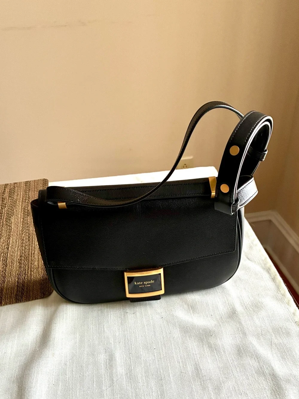 kate spade Black Leather Shoulder Bag with Gold Hardware